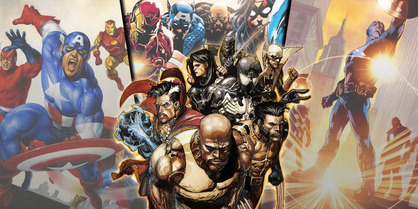 Split image featuring different eras and members of the Avengers from Marvel Comics