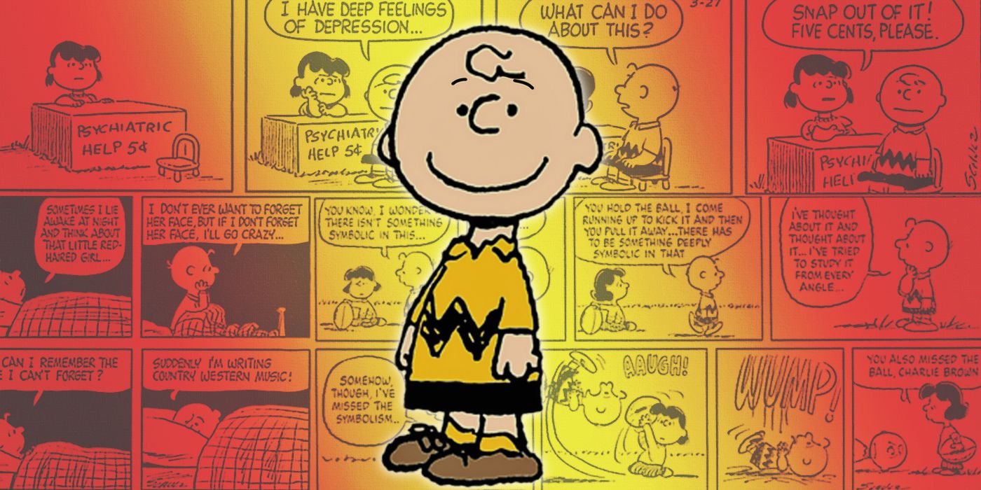 Charlie Brown with Peanuts comics in the background