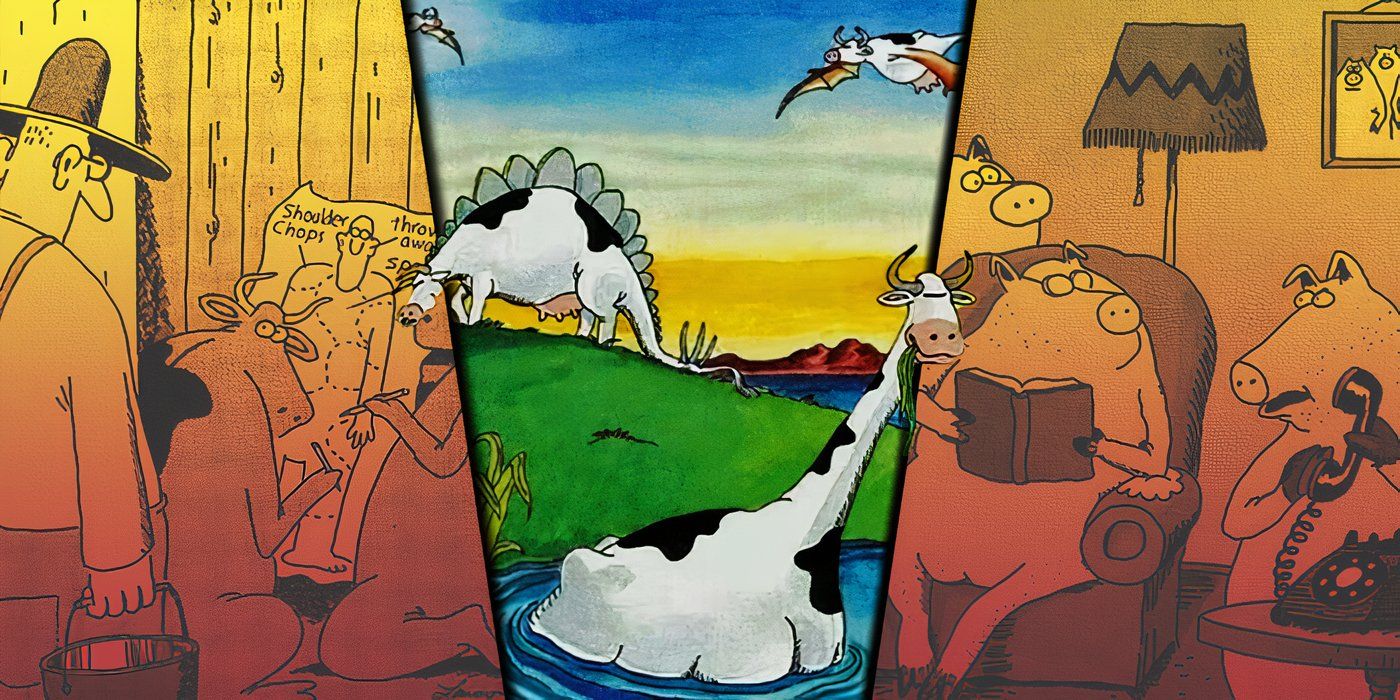 Split image of The Far Side comics featuring farm animals