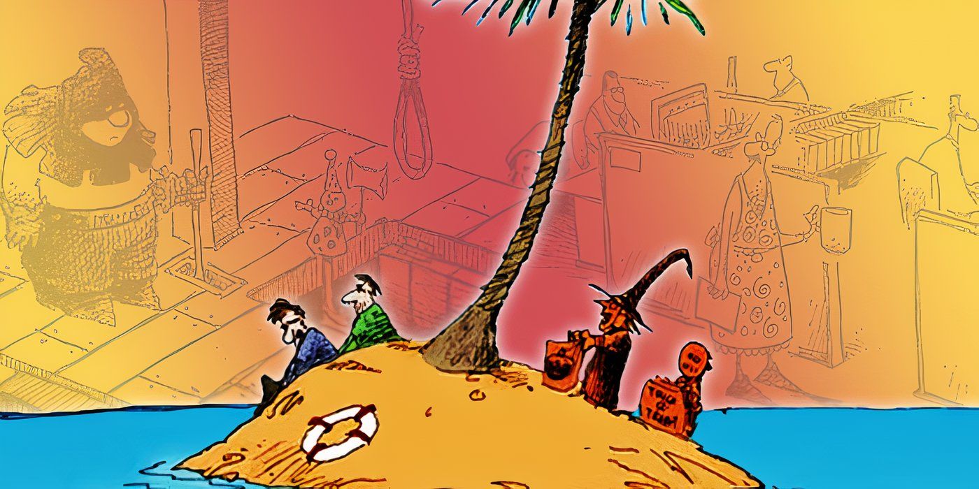 “Trick or Treater” and survivors on a deserted island with non sequitur comics in the background