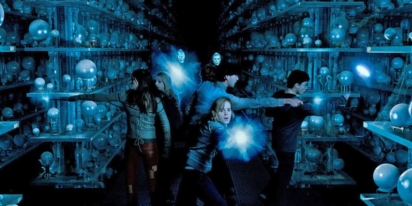 Harry, Hermione, Ginny, Neville and Luna face death eaters in the Ministry of Magic at Harry Potter.