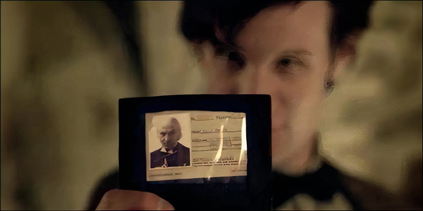 11th Doctor holding up his Psychic Paper and showing a picture of the First Doctor