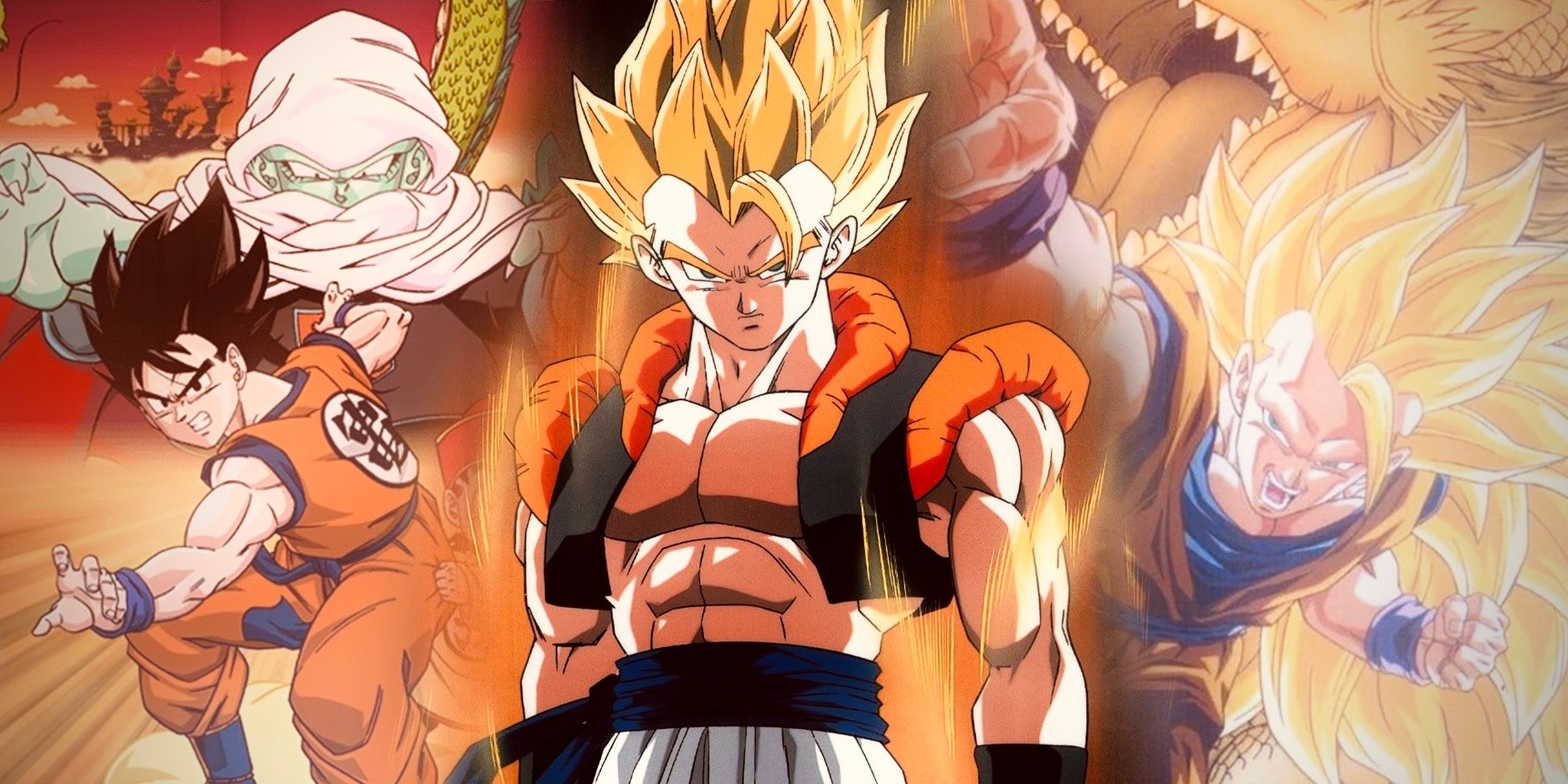 Gogeta in front of the Wrath of the Dragon and Dead Zone Dragon Ball Z movies