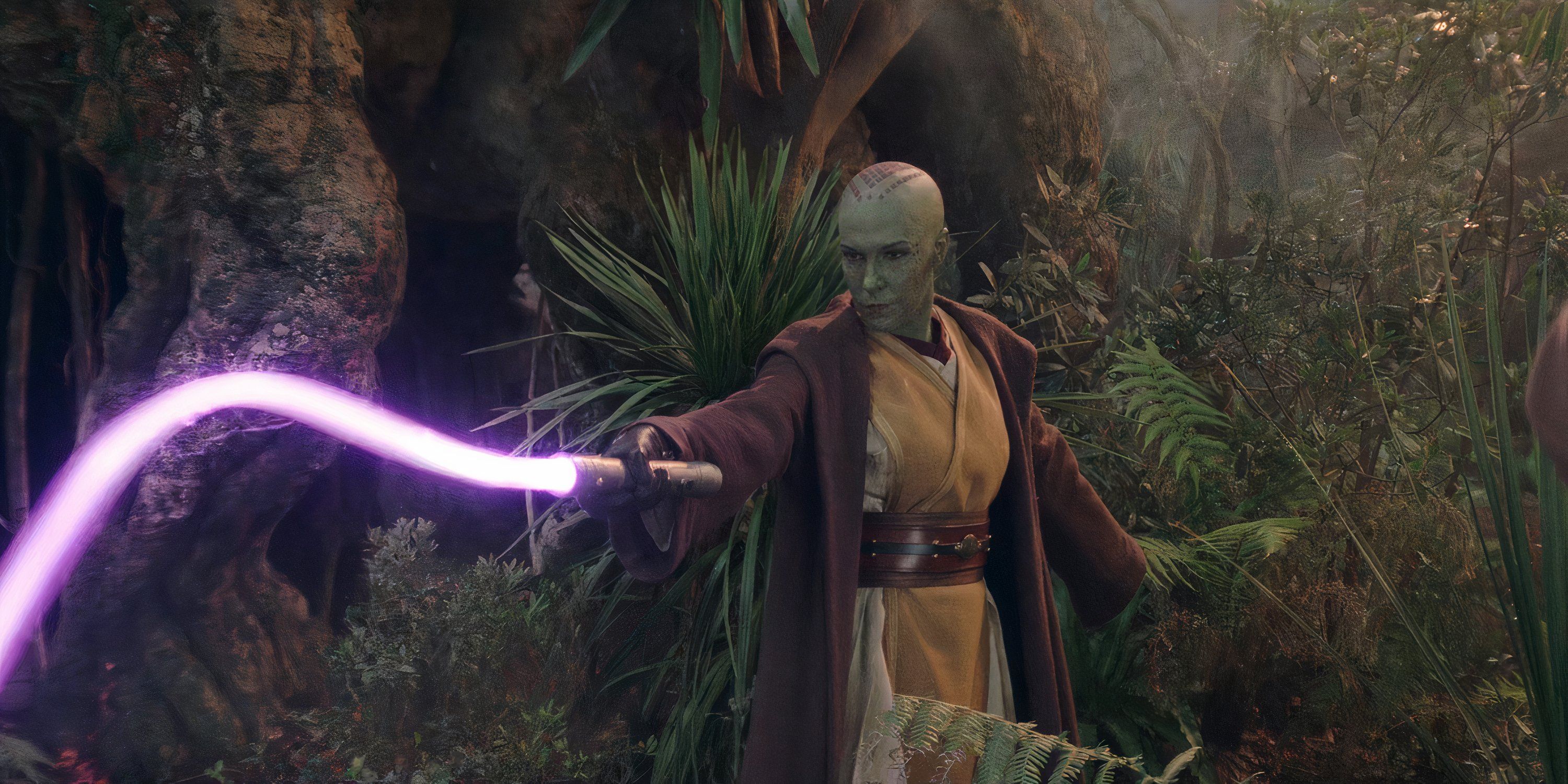 Master Vernestra Rwoh uses her lightsaber whip in The Acolyte