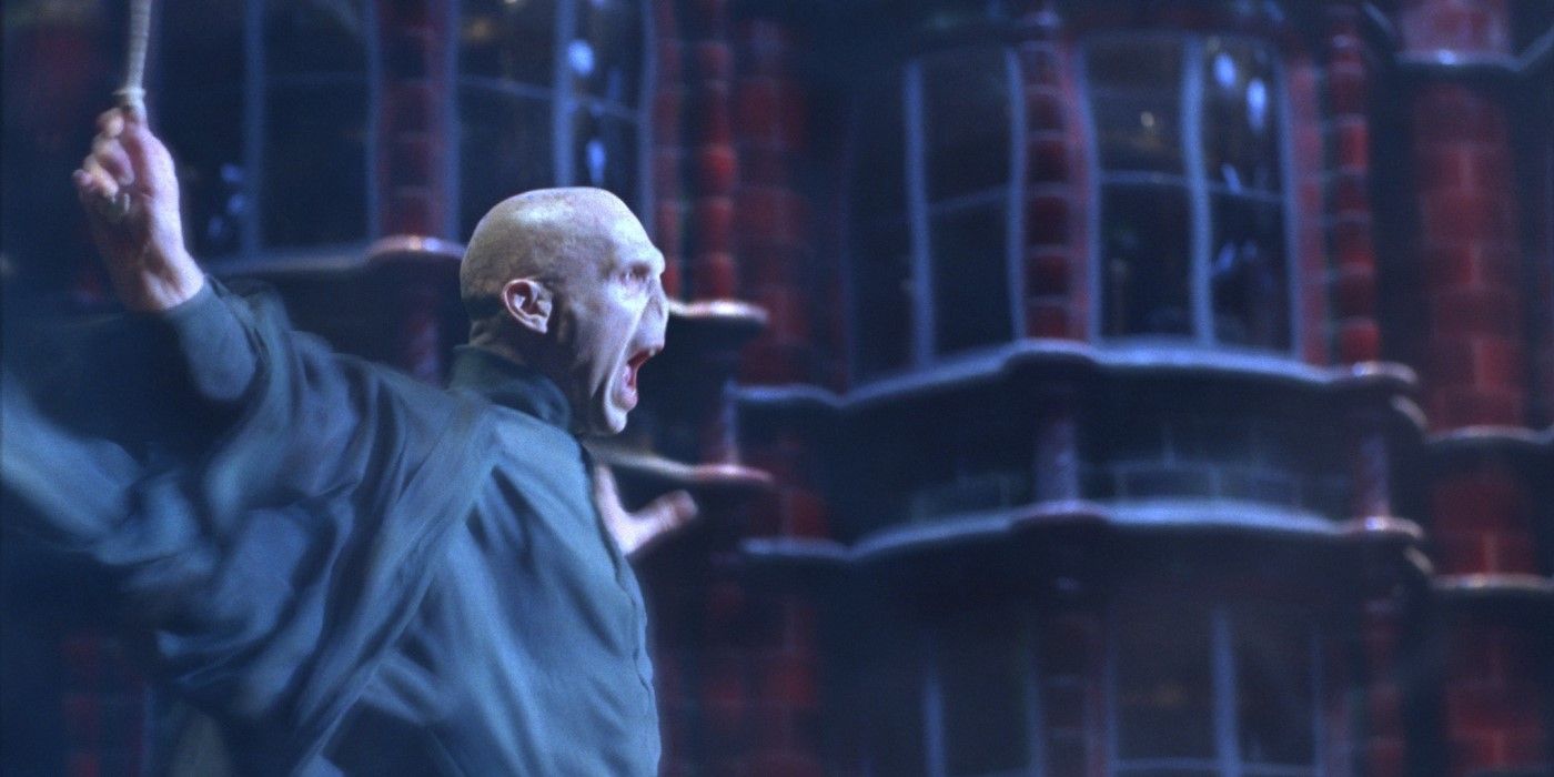 Lord Voldemort battling Albus Dumbledore in the Ministry of Magic.