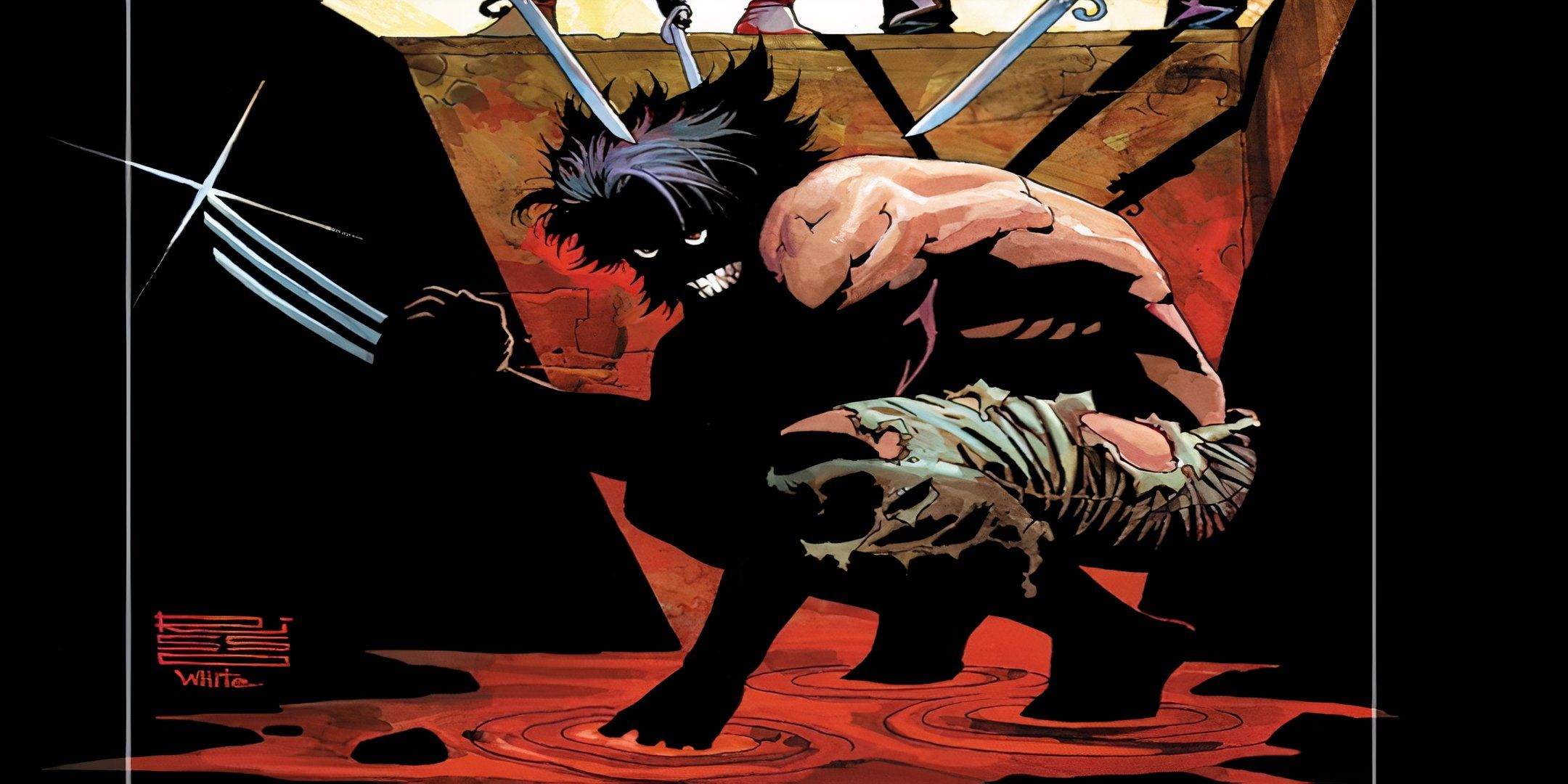 Wolverine crouched down, claws out.