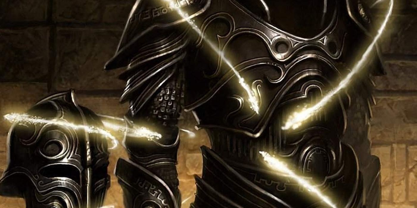 A set of dark metal armor with gold magic.