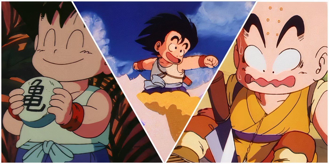 Goku with stone, Goku on Nimbus and Krillin from Dragon Ball Episode 16 dodging a knife.