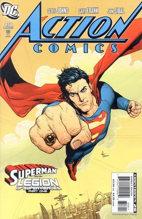 Capa da Action Comics 858 mostrando Superman voando enquanto usava o anel de vôo da Legião.