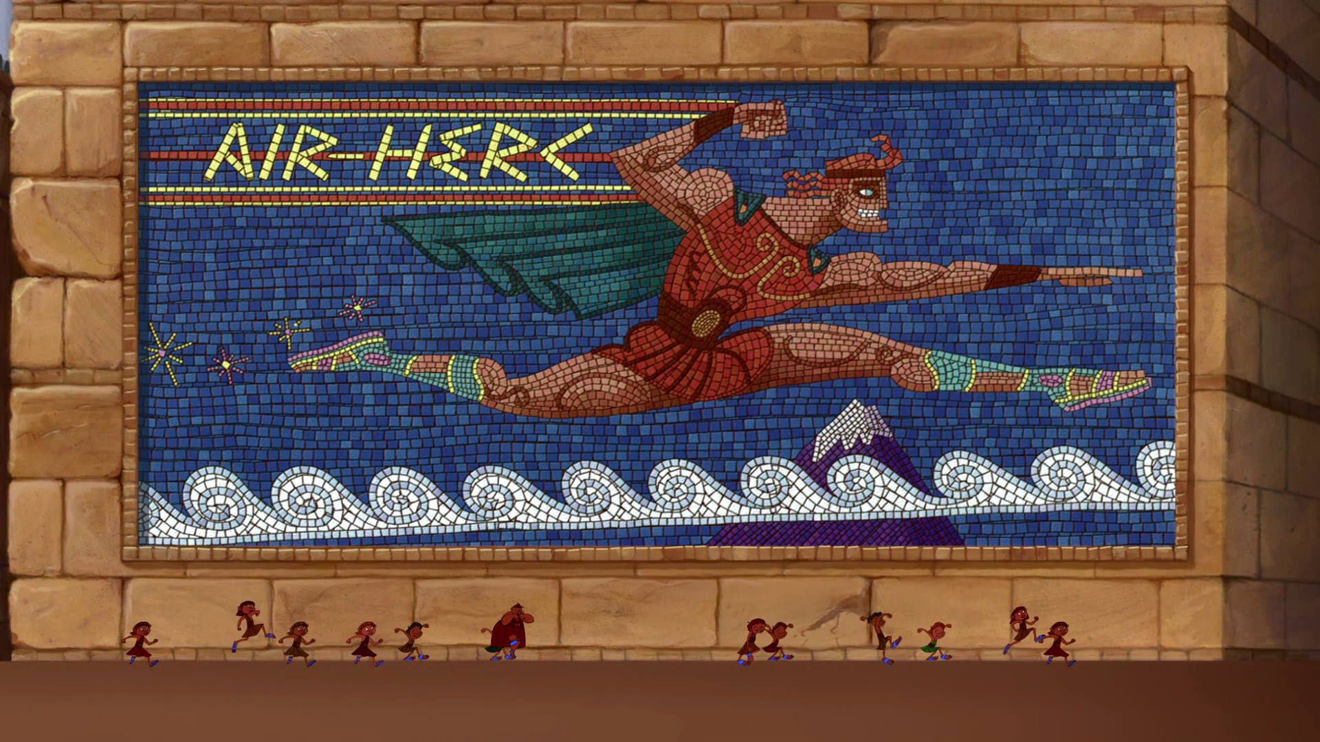 Hercules is depicted jumping in a mosaic advertisement for Air-Hercs