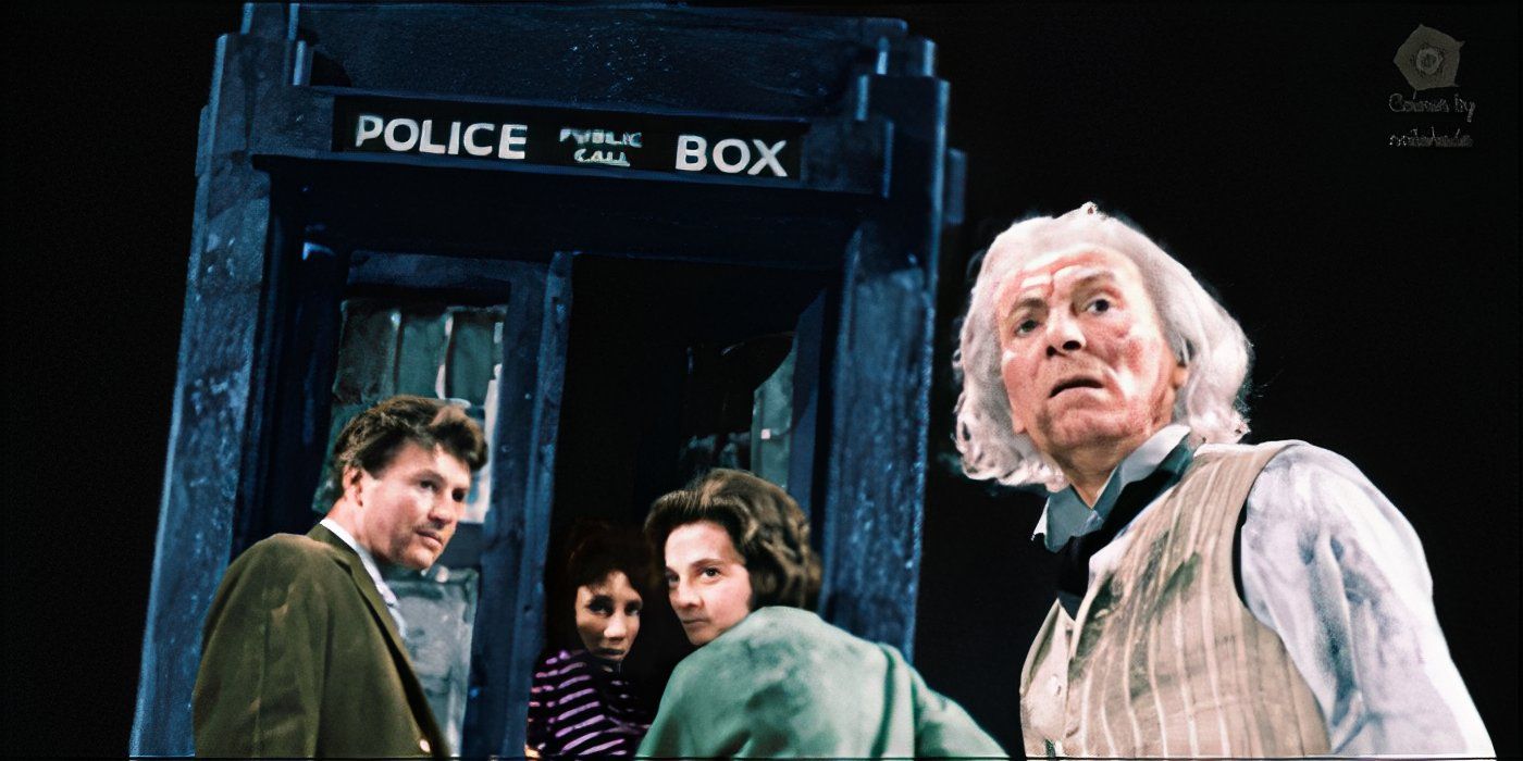 Ian, Susan, Barbra, and the First Doctor next to the TARDIS