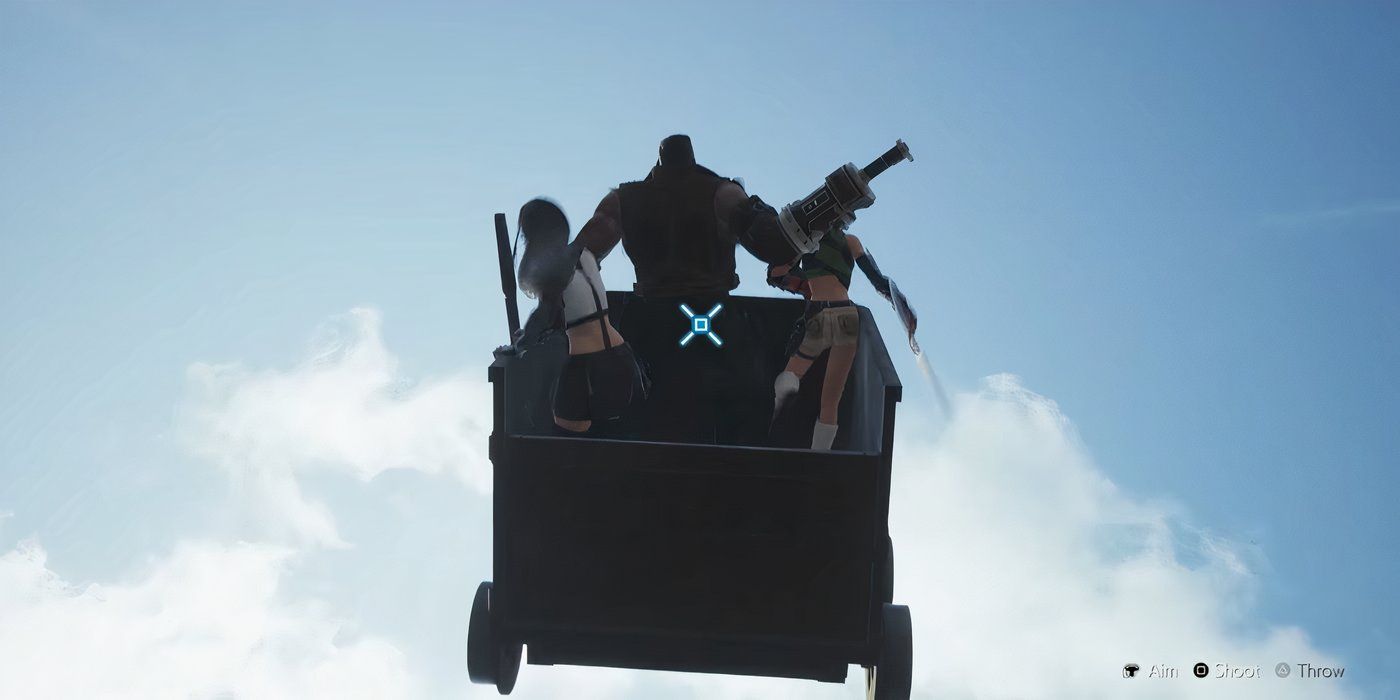 Barret Yuffie y Tifa volando por el aire en un carro minero en Final Fantasy VII Rebirth