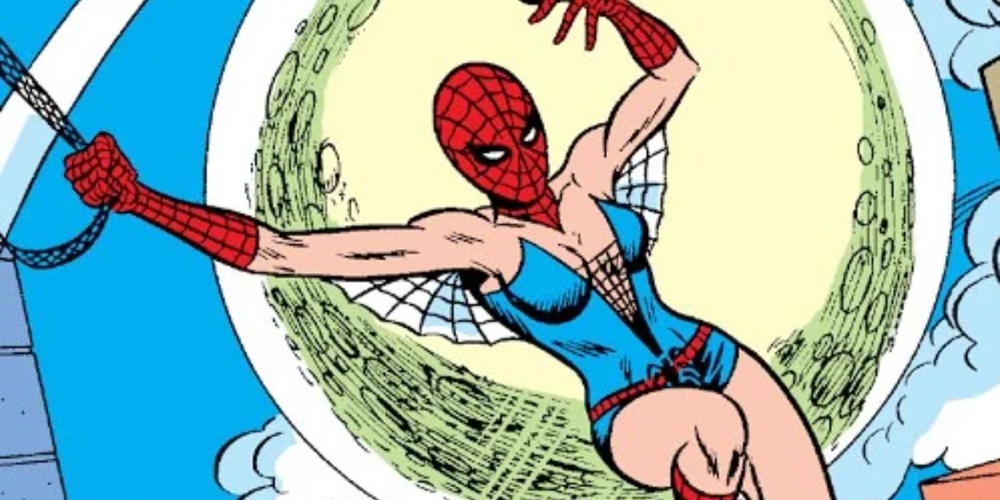 Una versión alternativa de Betty Brant se balancea desde una red como Spider-Girl.