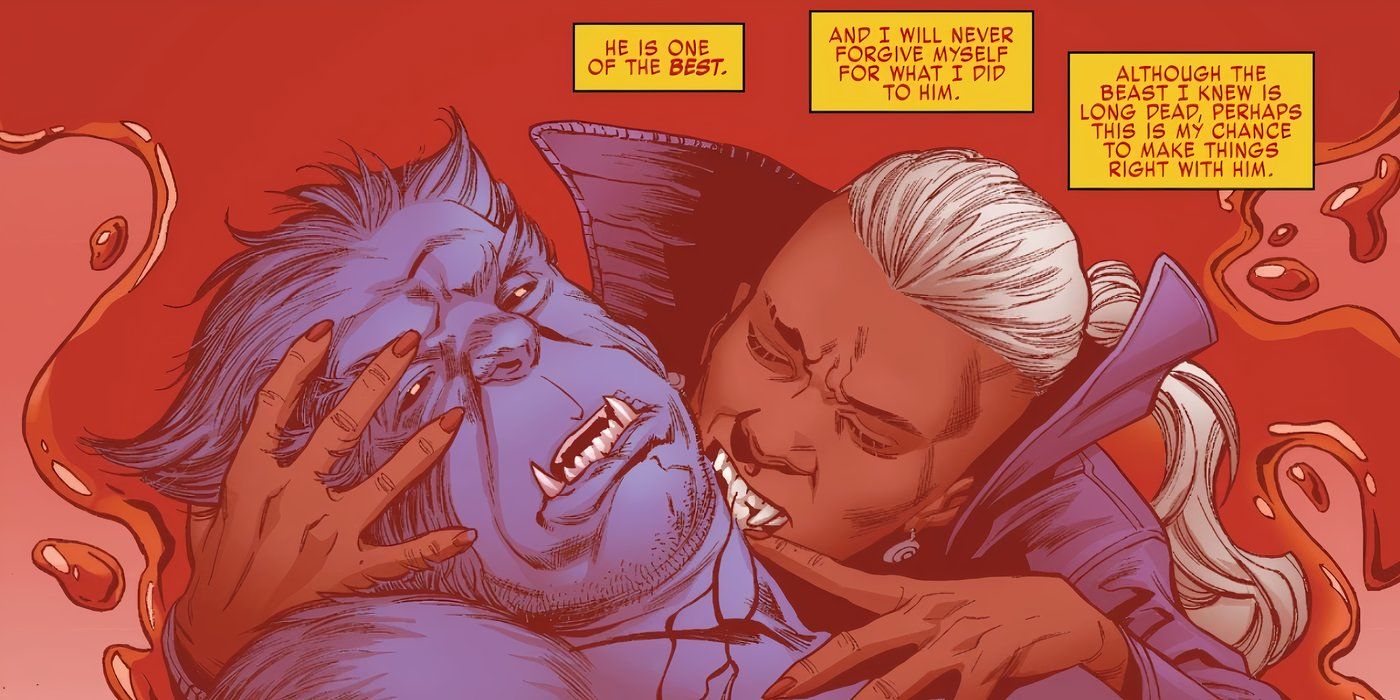 Storm, as the vampire Bloodstorm, biting Beast in the neck.