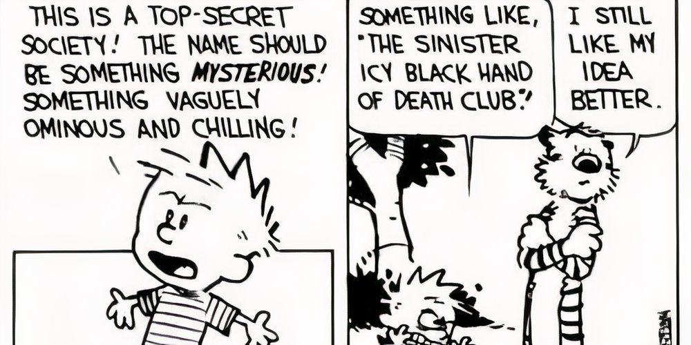 Calvin y Hobbes están tratando de descubrir el nombre de su club secreto en Calvin y Hobbes de Bill Watterson(1)