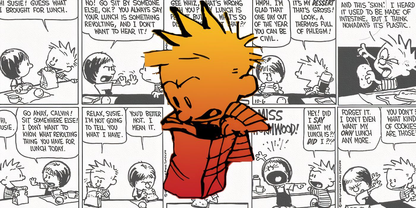 Calvin mirando una bolsa de almuerzo con cómics de Calvin y Hobbes al fondo