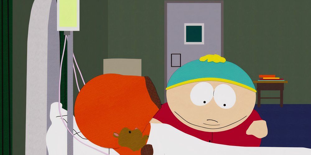 Eric Cartman está visitando Kenny McCormick no hospital no episódio "Kenny Dies" de South Park.