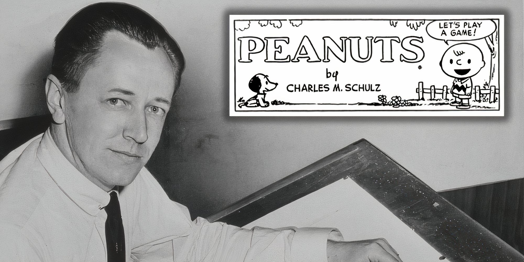 Charles Schulz ao fundo, com a primeira tira de Peanuts inserida.