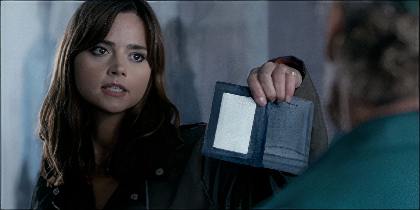 Clara showing the blank Psychic Paper