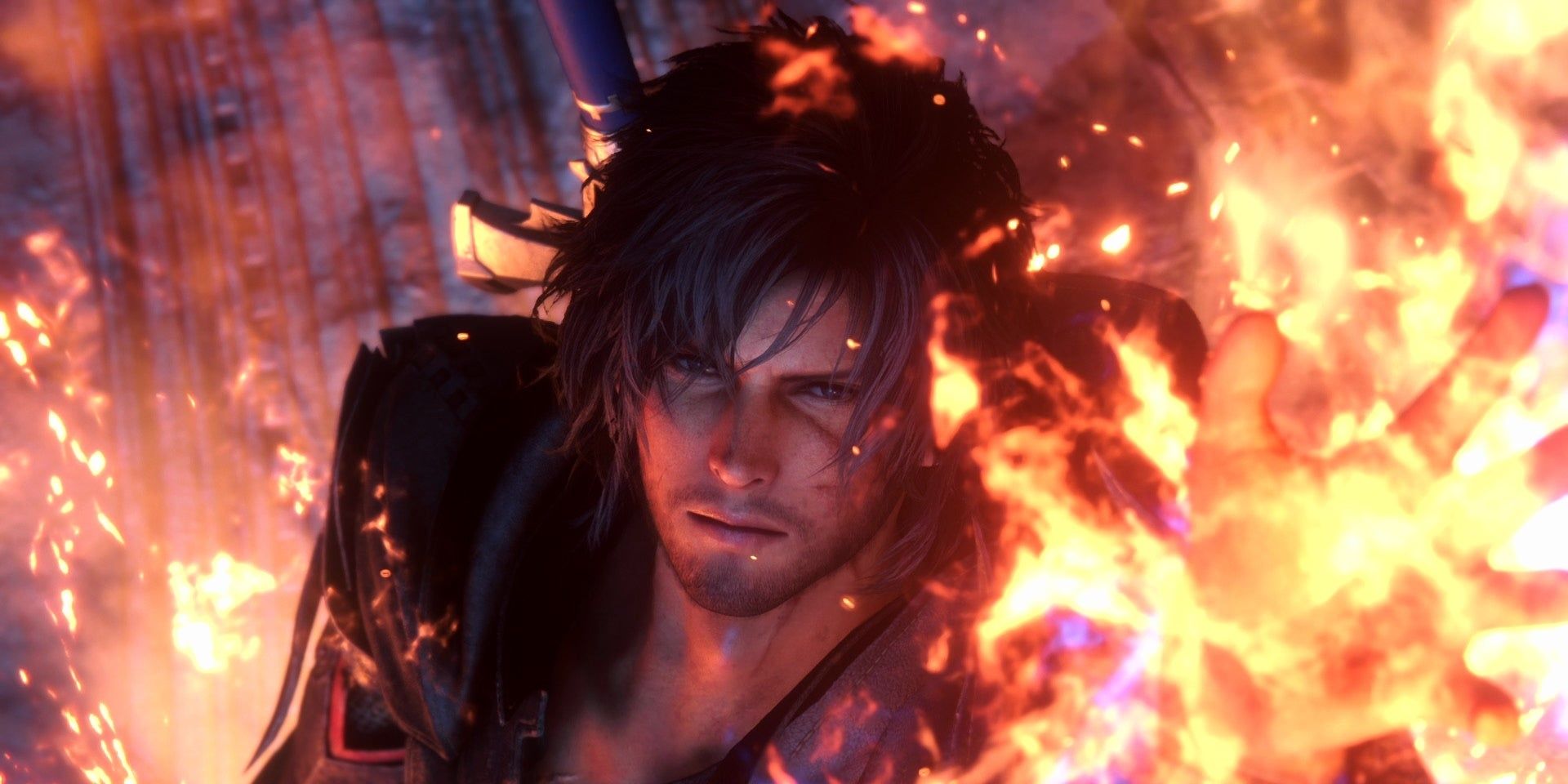 Clive is surrounded by flames in Final Fantasy XVI.