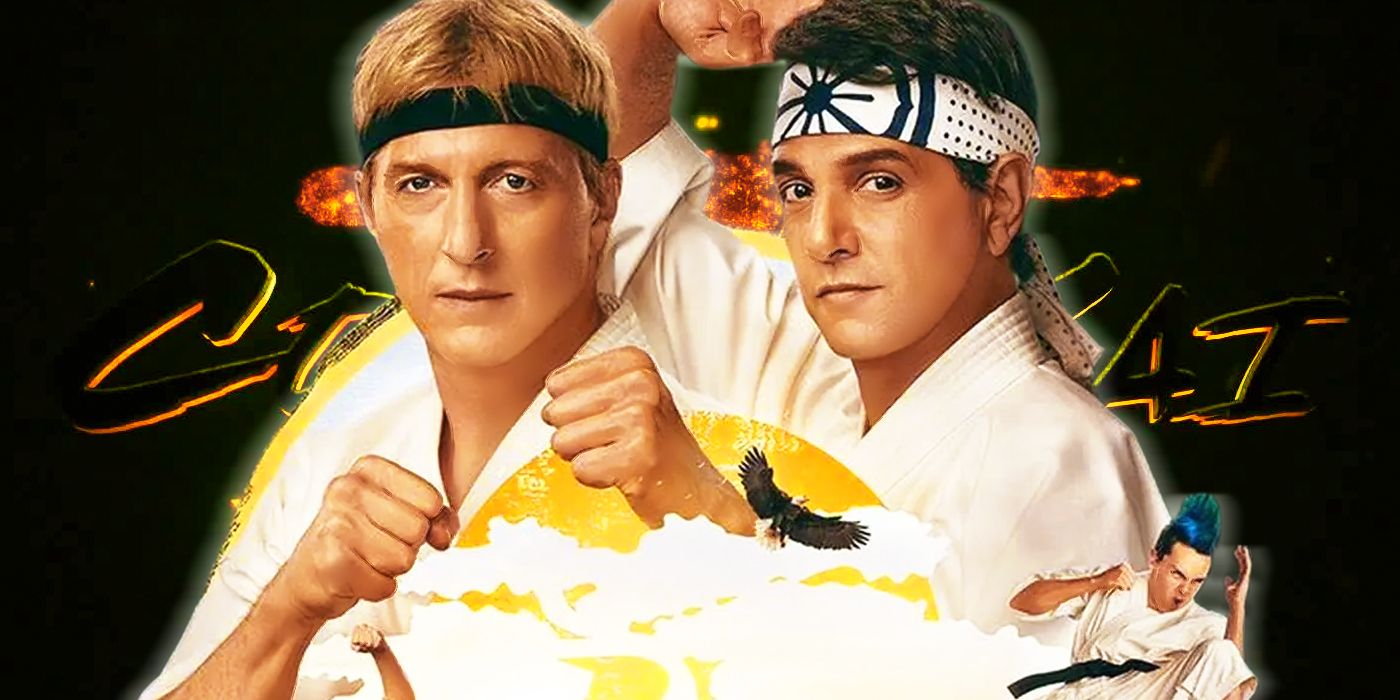 Johnny Lawrence and Daniel LaRusso in karate gis before the Cobra Kai title
