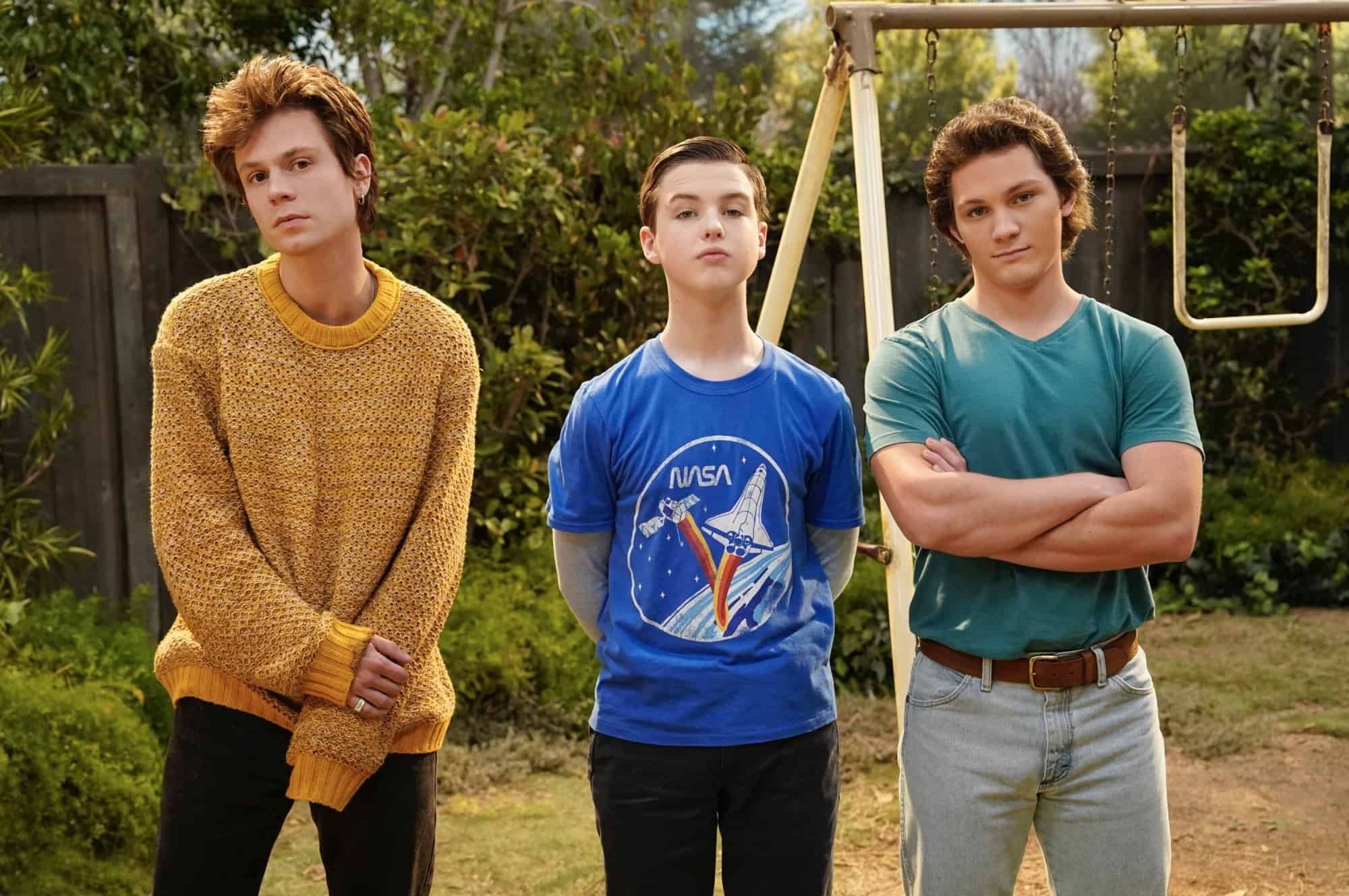 Connor with Sheldon and Georgie looking at the camera from Young Sheldon