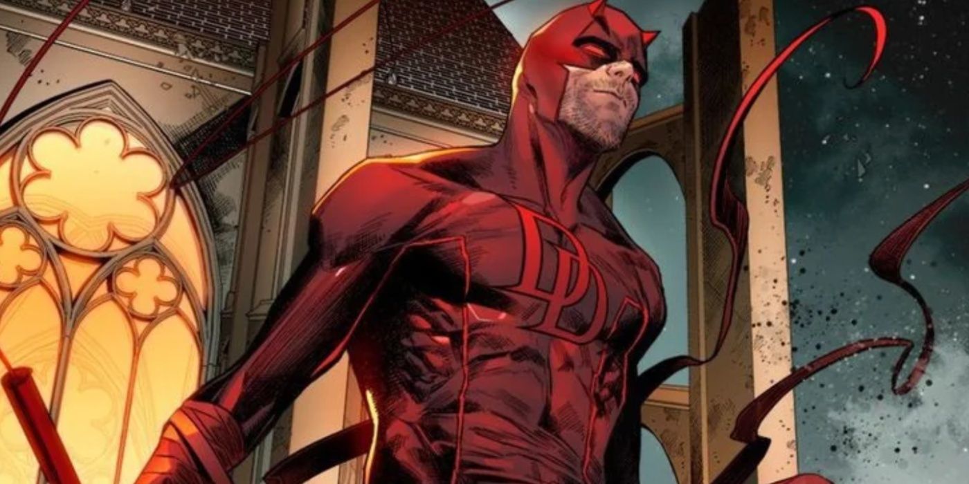 Daredevil stands on a building on the cover of Marvel Comics by Marco Checchetto.