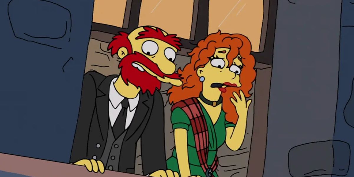 Os personagens de David Tennant e Karen Gillan olham pela janela em Os Simpsons