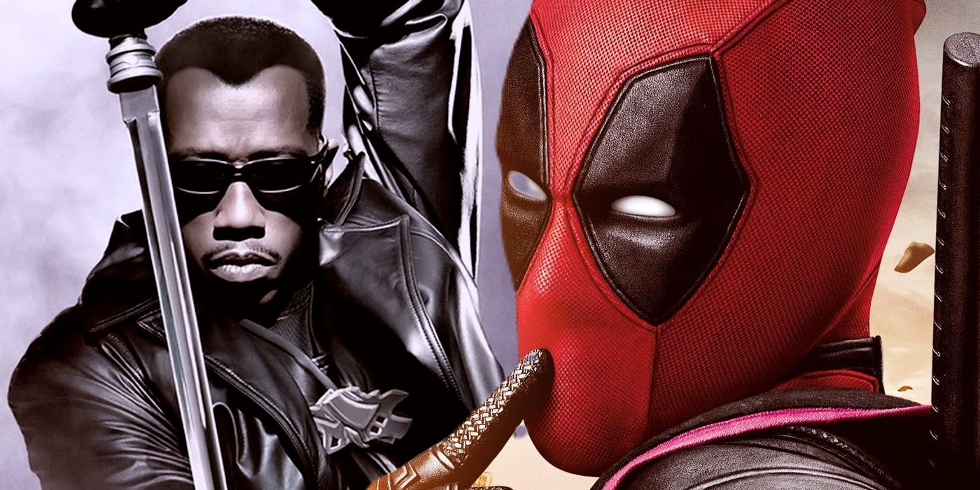 Split: Wesley Snipes poses with a sword as Blade; Deadpool puts a finger to his mouth