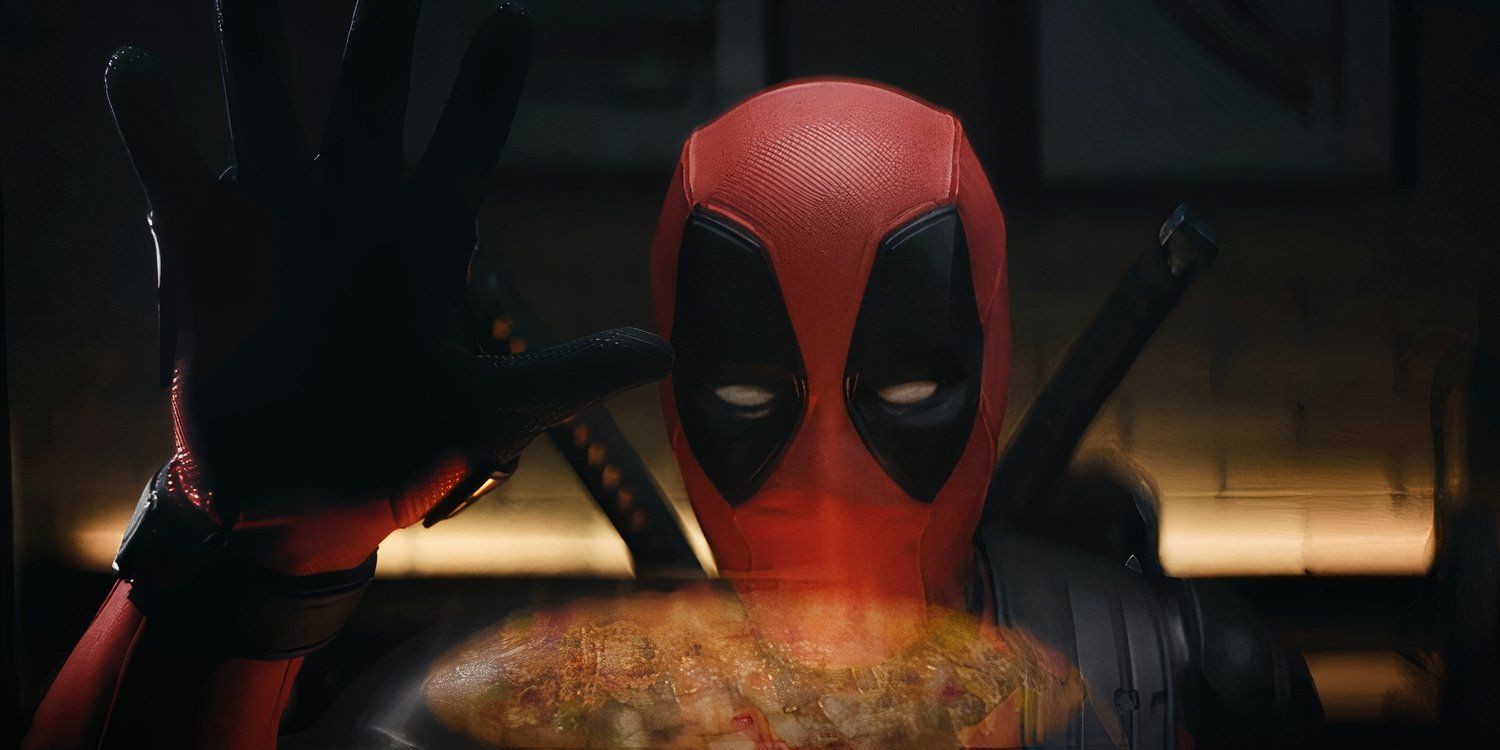 Deadpool looking at a DiGiorno pizza for Deadpool Wolverine