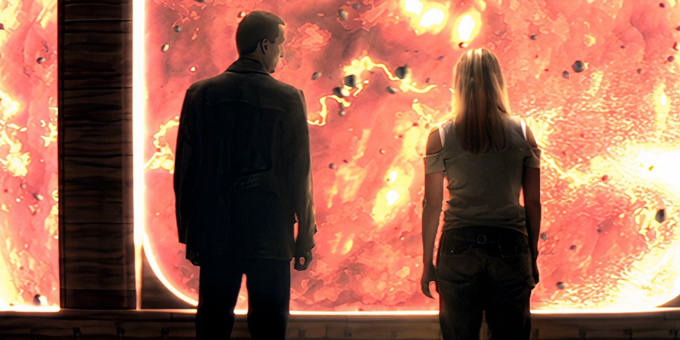 The Doctor and Rose looking out at the destroyed Earth