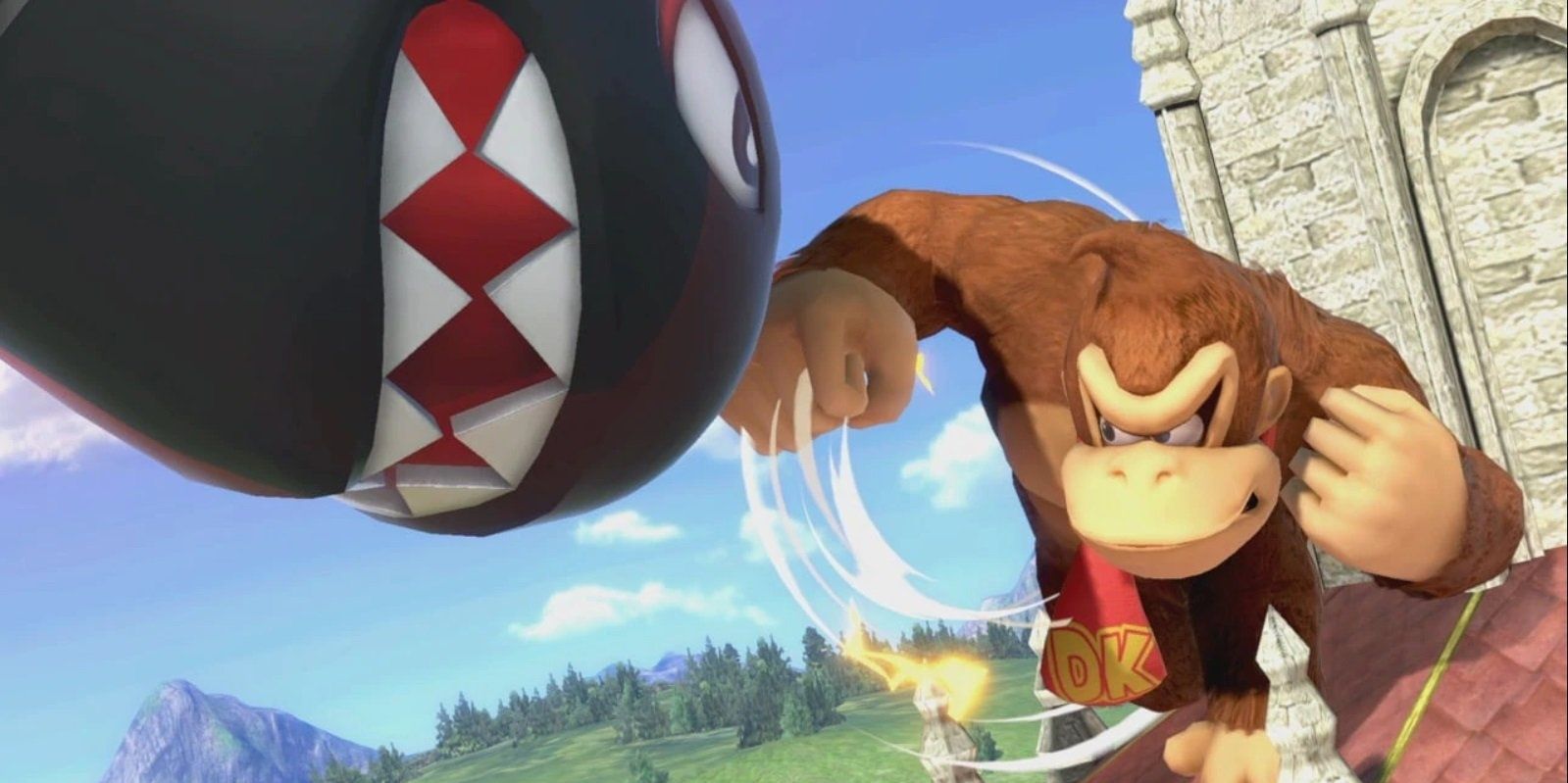 Donkey Kong dá um soco em Bullet Bill.