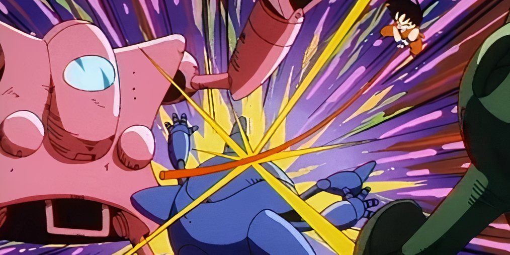 Goku golpea el mecha Máquina Pilaf con su Power Pole en Dragon Ball.