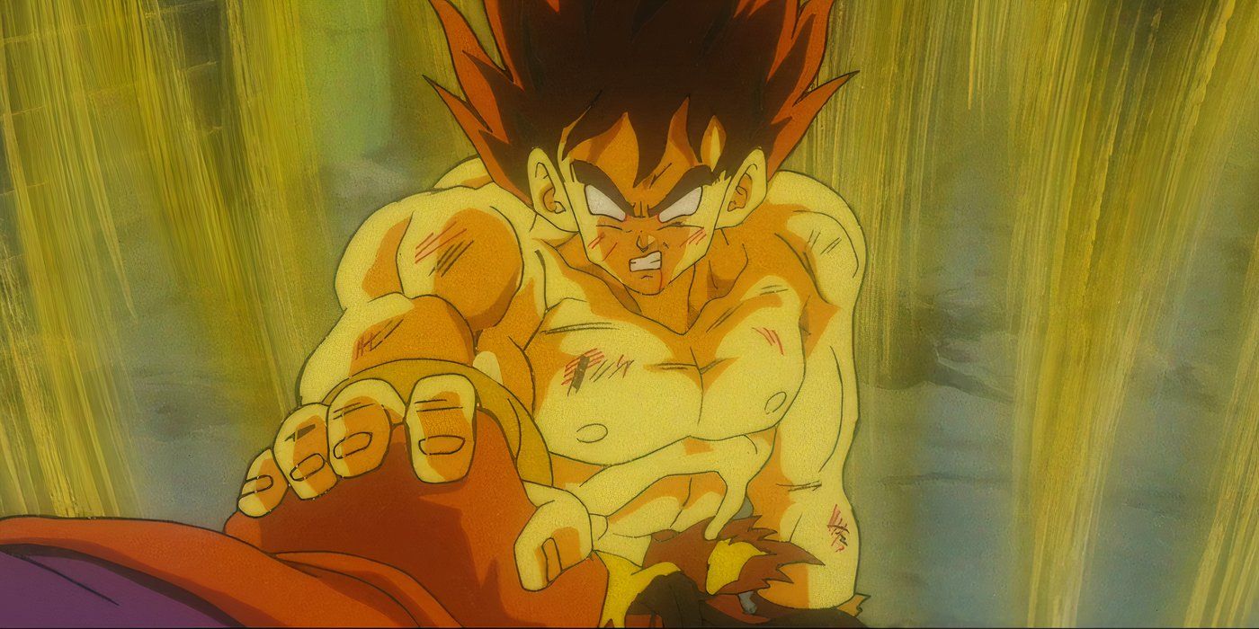 Pseudo Super Saiyan Goku grabs Lord Slug's fist in Dragon Ball Z: Lord Slug.