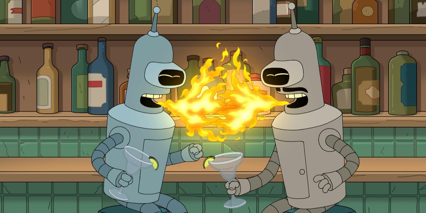 Bender y su primo Doblando eructan llamas en un bar en la temporada 12 de Futurama