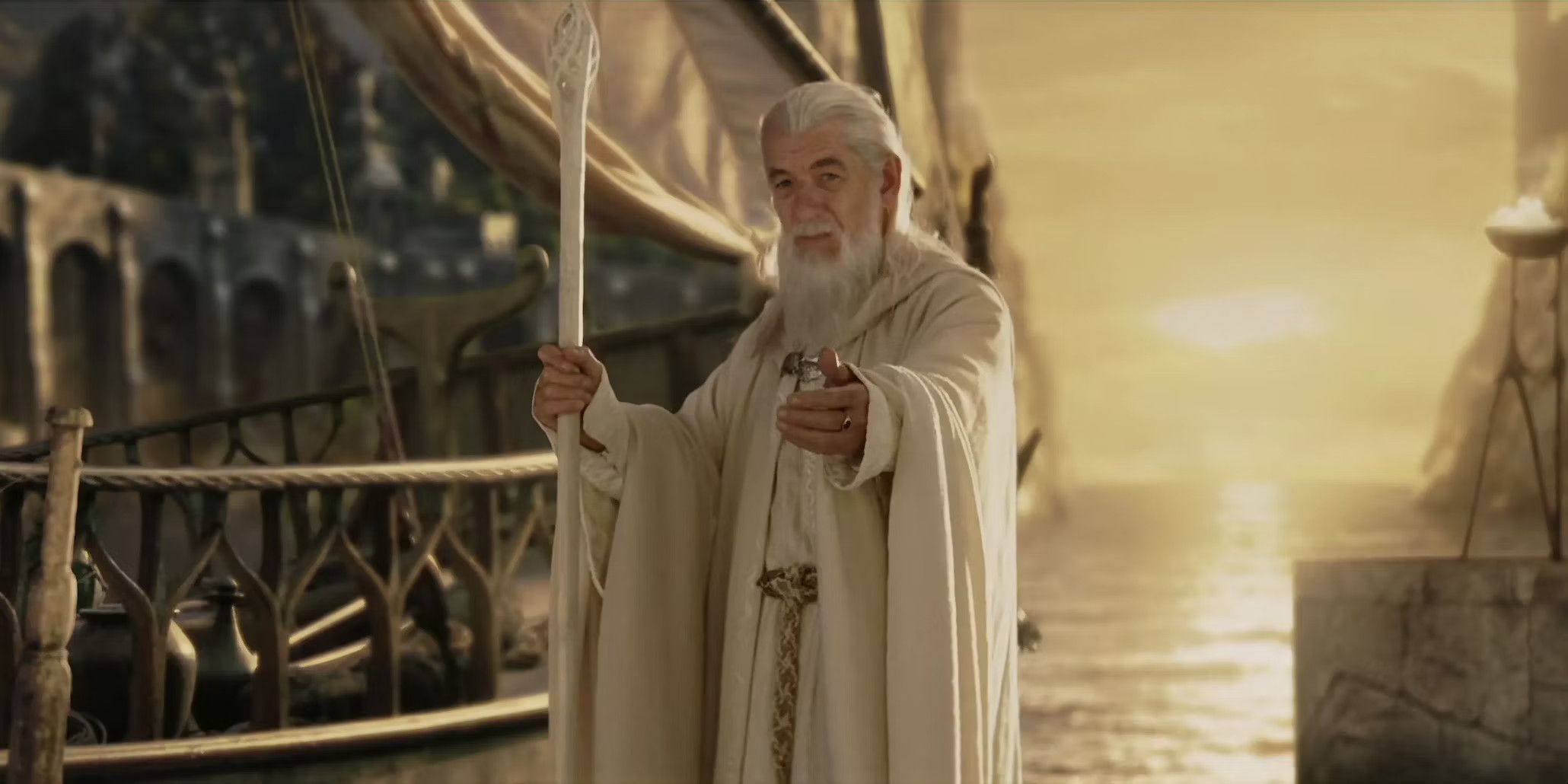 Gandalf the White at the Grey Havens in The Lord of the Rings: The Return of the King