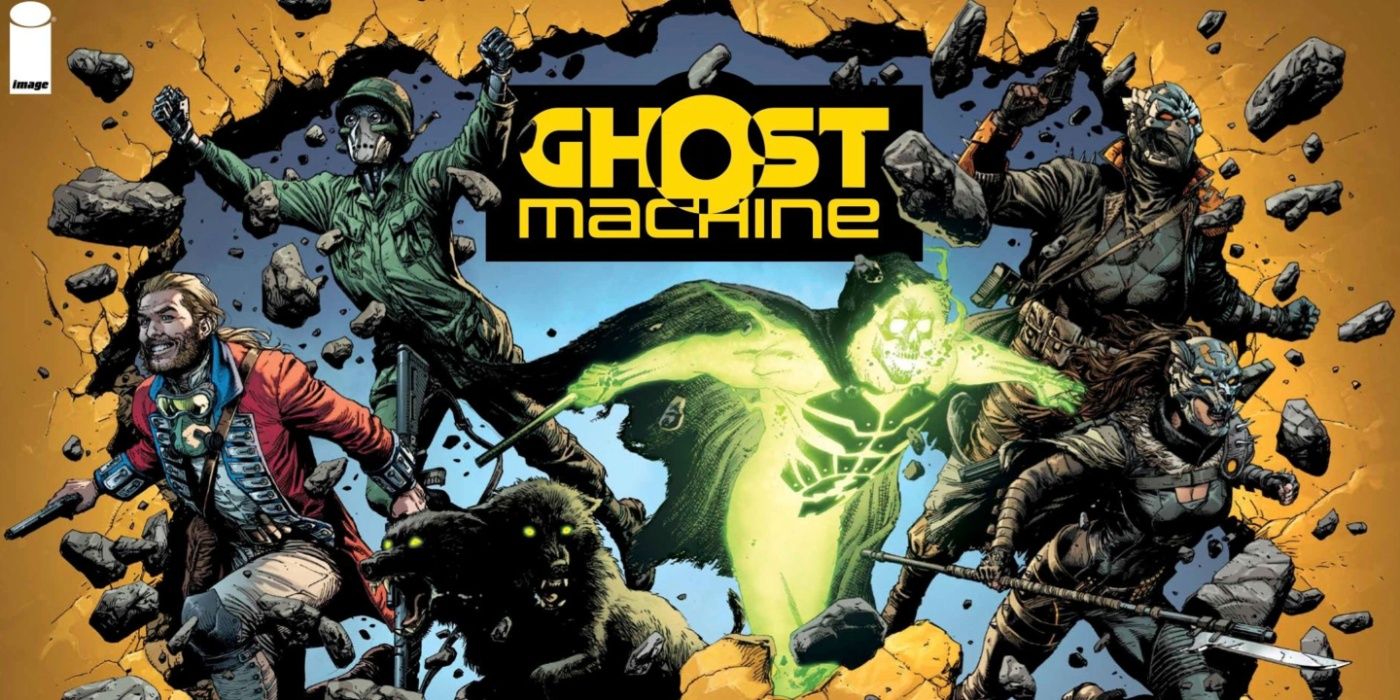 Image Comics key art of Ghost Machine with various characters bursting through a wall.