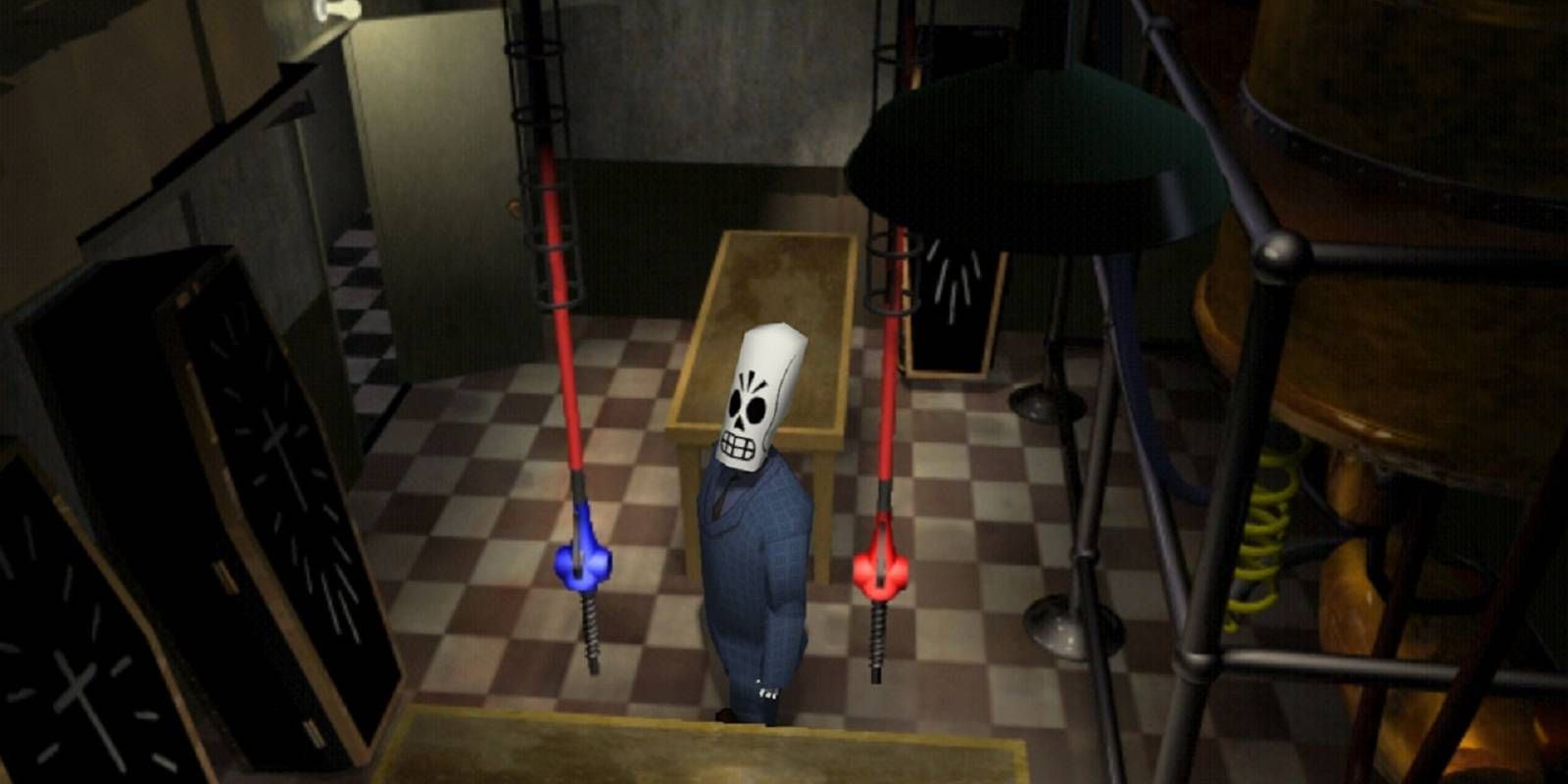 Grim Fandango gameplay manny stands in a hallway