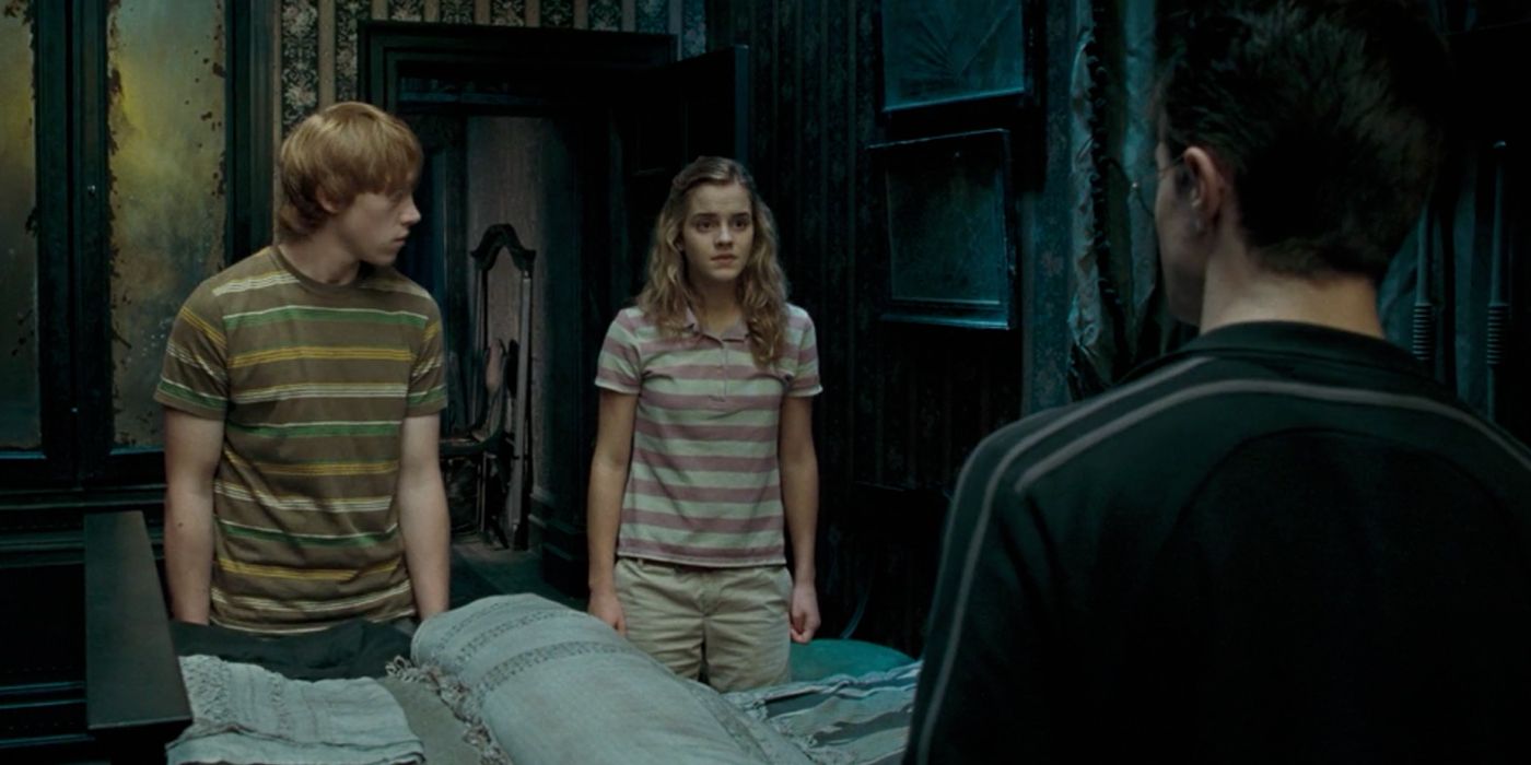 Ron and Hermione stand in front of Harry in Harry Potter and the Order of the Phoenix.