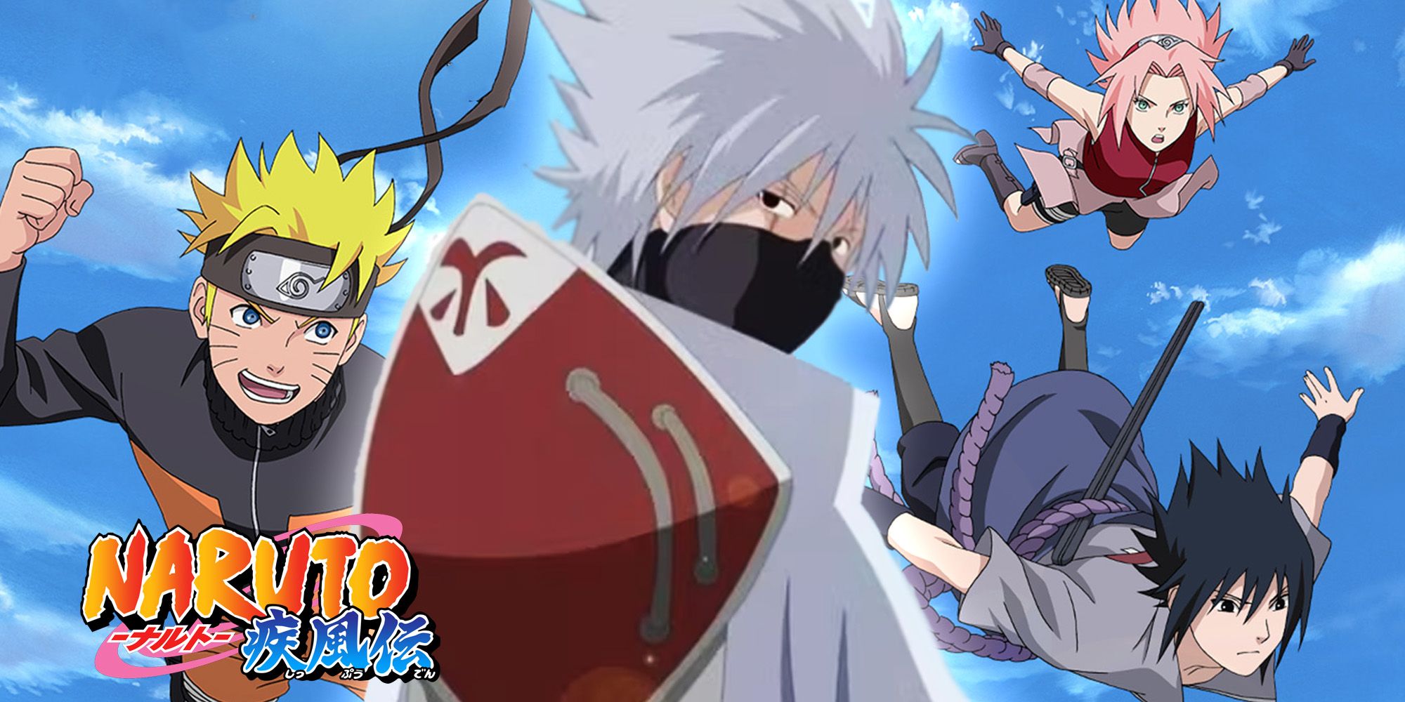 Hokage Kakashi looks back with Team 7 hovering in the air