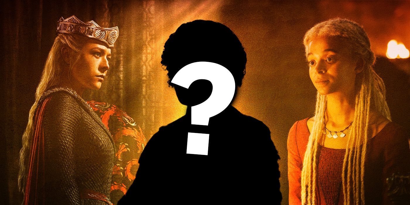 Rhaenyra Targaryen on the left, a dark silhouette with a question mark in the center, and Rhaena Targaryen on the right