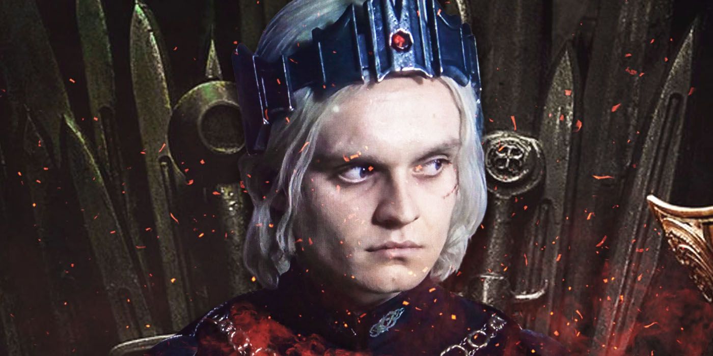 Aegon II Targaryen wearing Aegon the Conquerer's crown in front of the Iron Throne from House of the Dragon