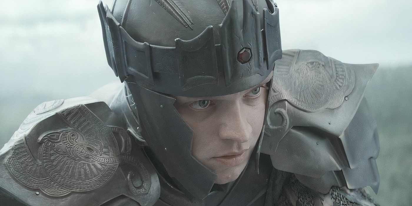 Aegon Targaryen (Tom Glynn-Carney) in armor on the back of his dragon in House of the Dragon