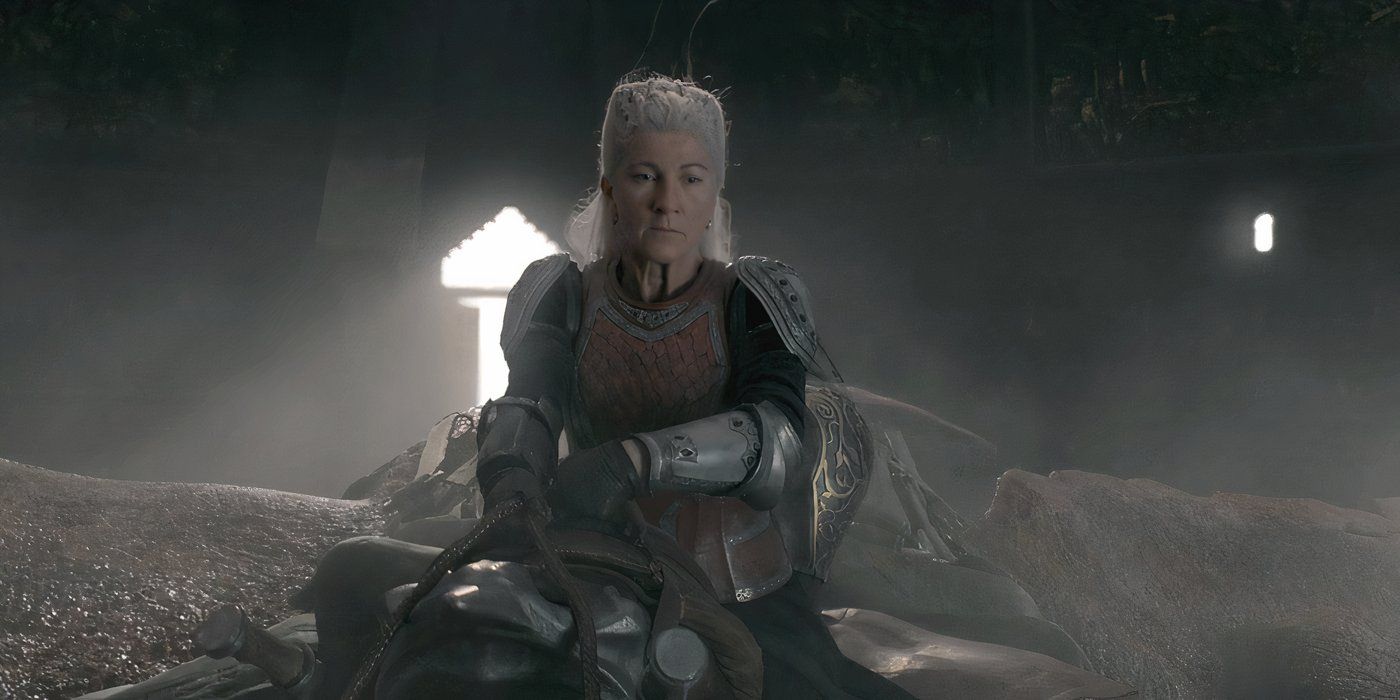 Rhaenys on the back of her dragon, observing the scene