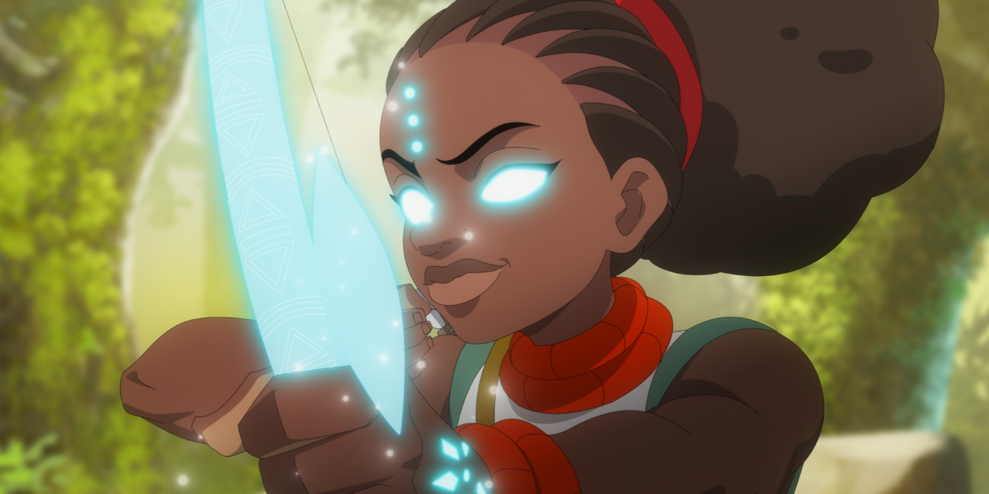 Promo image of Iyanu from the animated series holding her bow and light arrow.