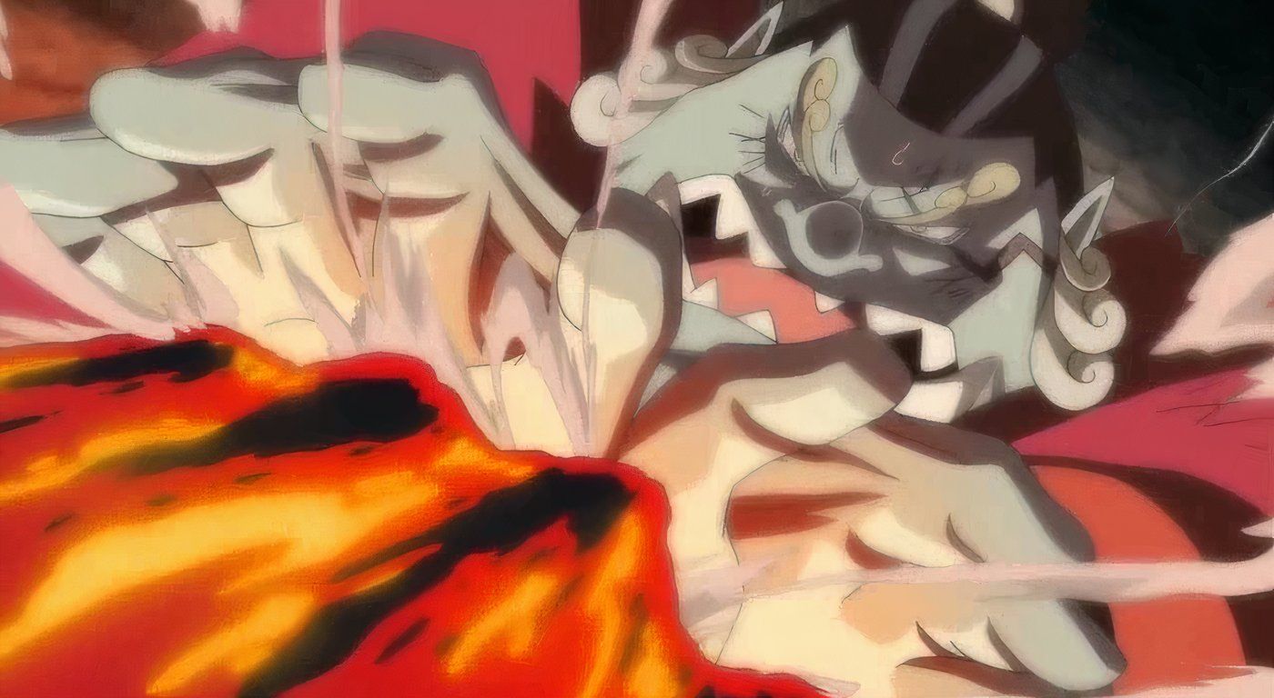 Jinbe bloquea el ataque de magma de Akainu en One Piece