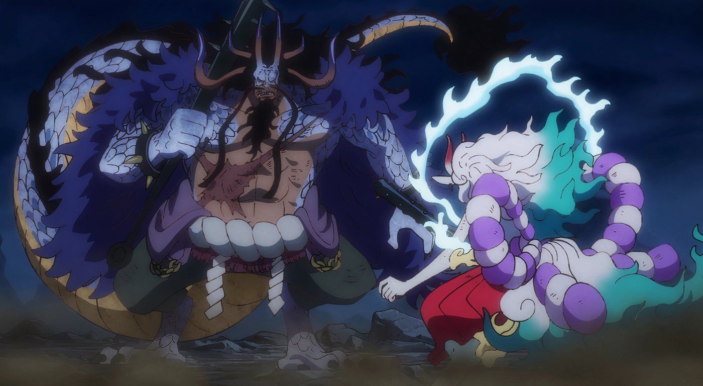 Kaido versus Yamato in their hybrid forms in One Piece