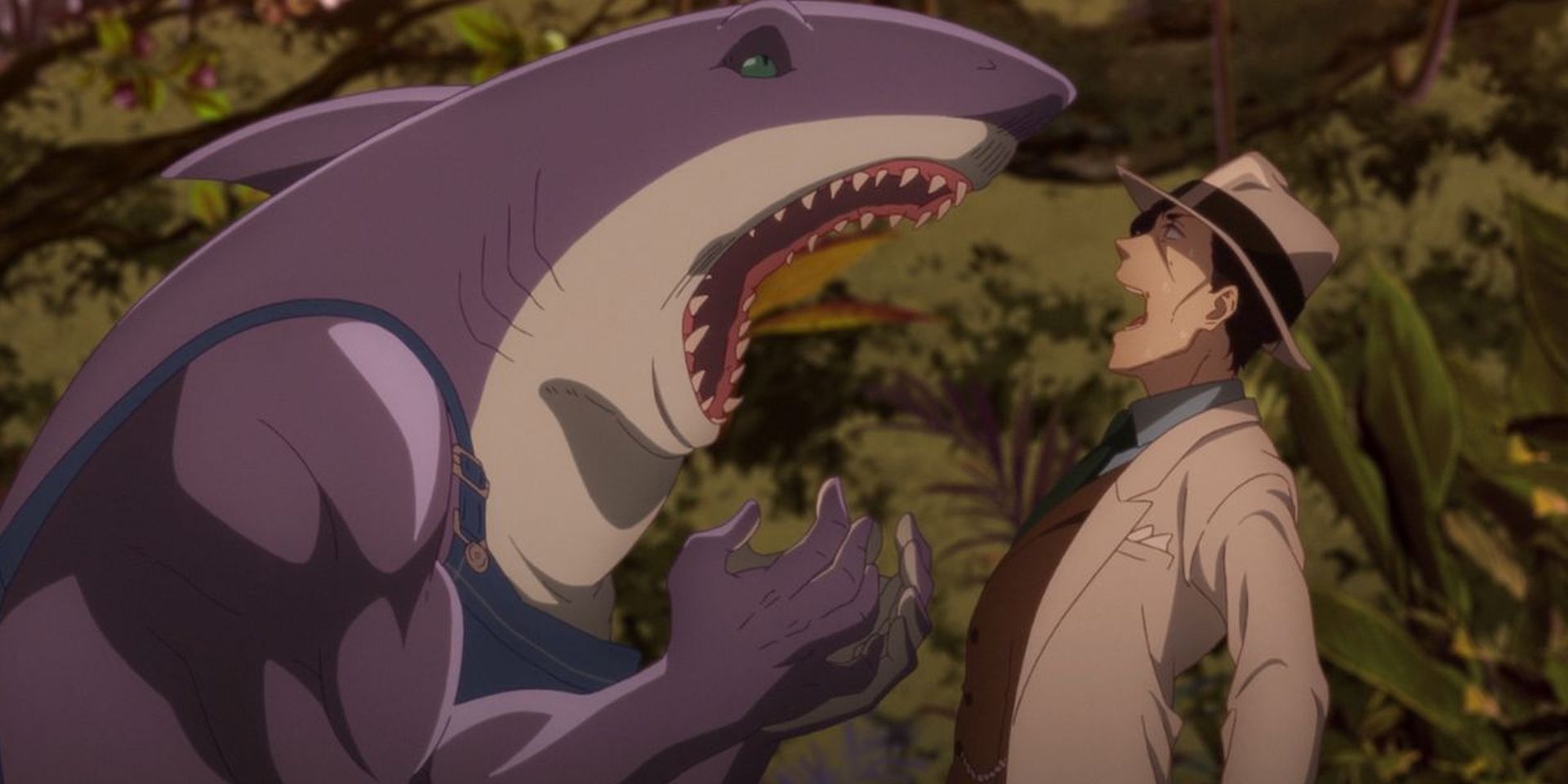 King Shark ruge para um Clayface assustado em Esquadrão Suicida Isekai