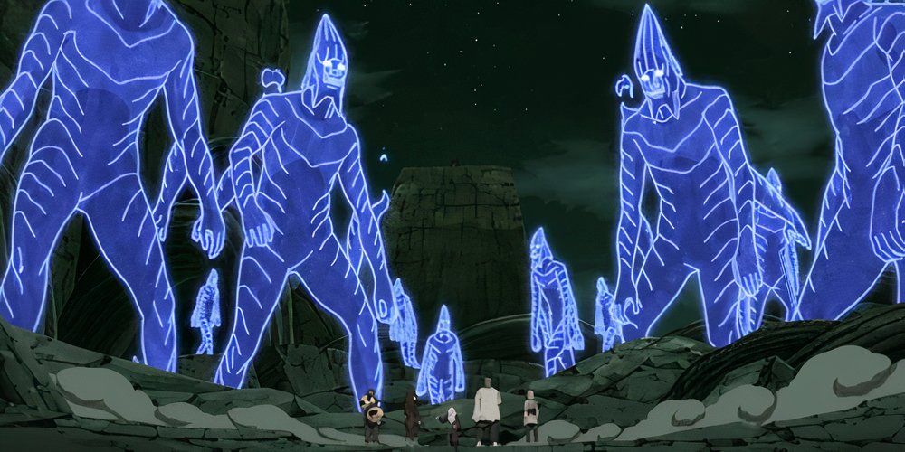 Uchiha Madara is fighting the five Kage, consisting of Senju Tsunade, Onoki, Ay, Gaara and Mei Terumi in Naruto Shippuden.