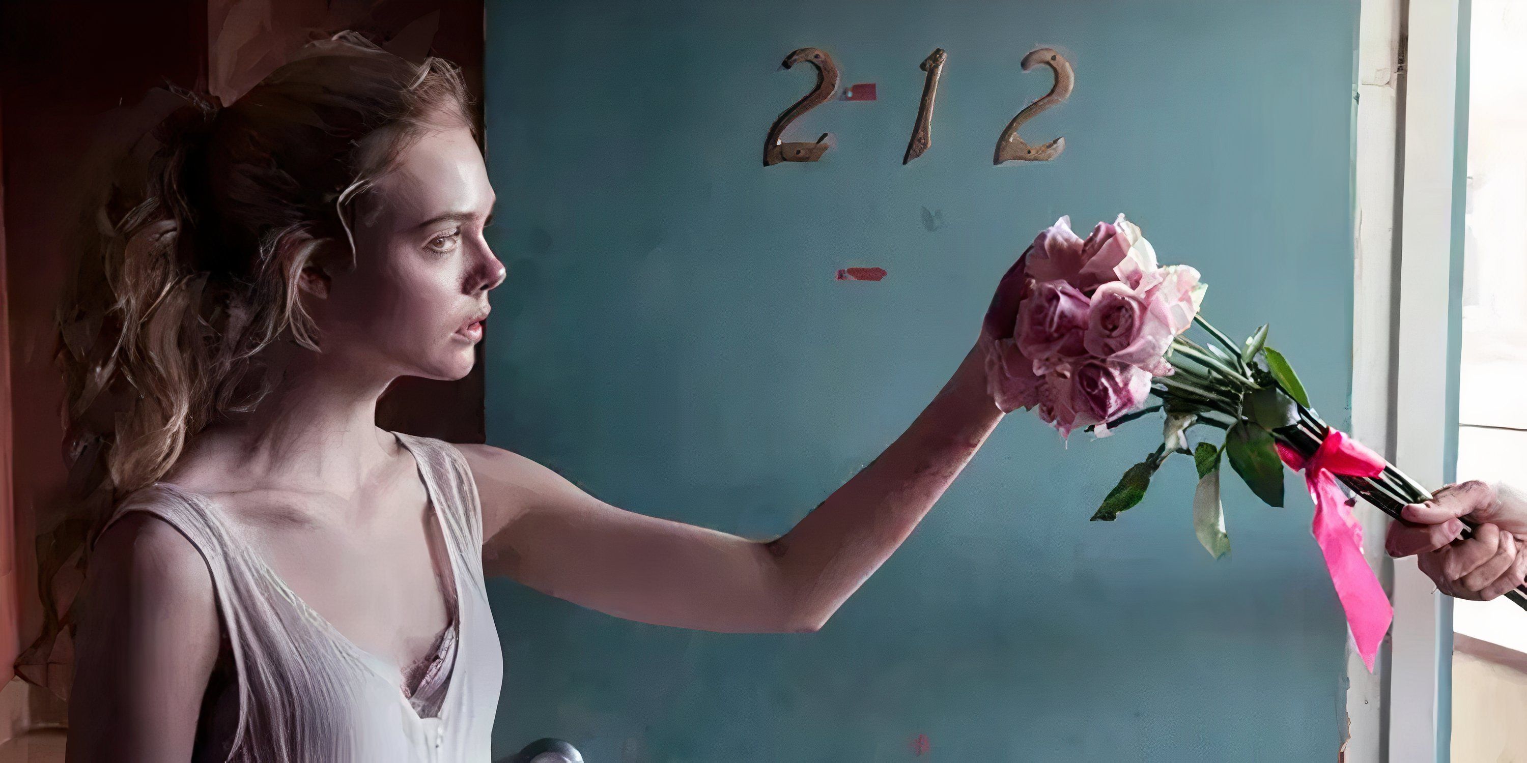 A woman reaches for a bouquet of pink roses in The Neon Demon